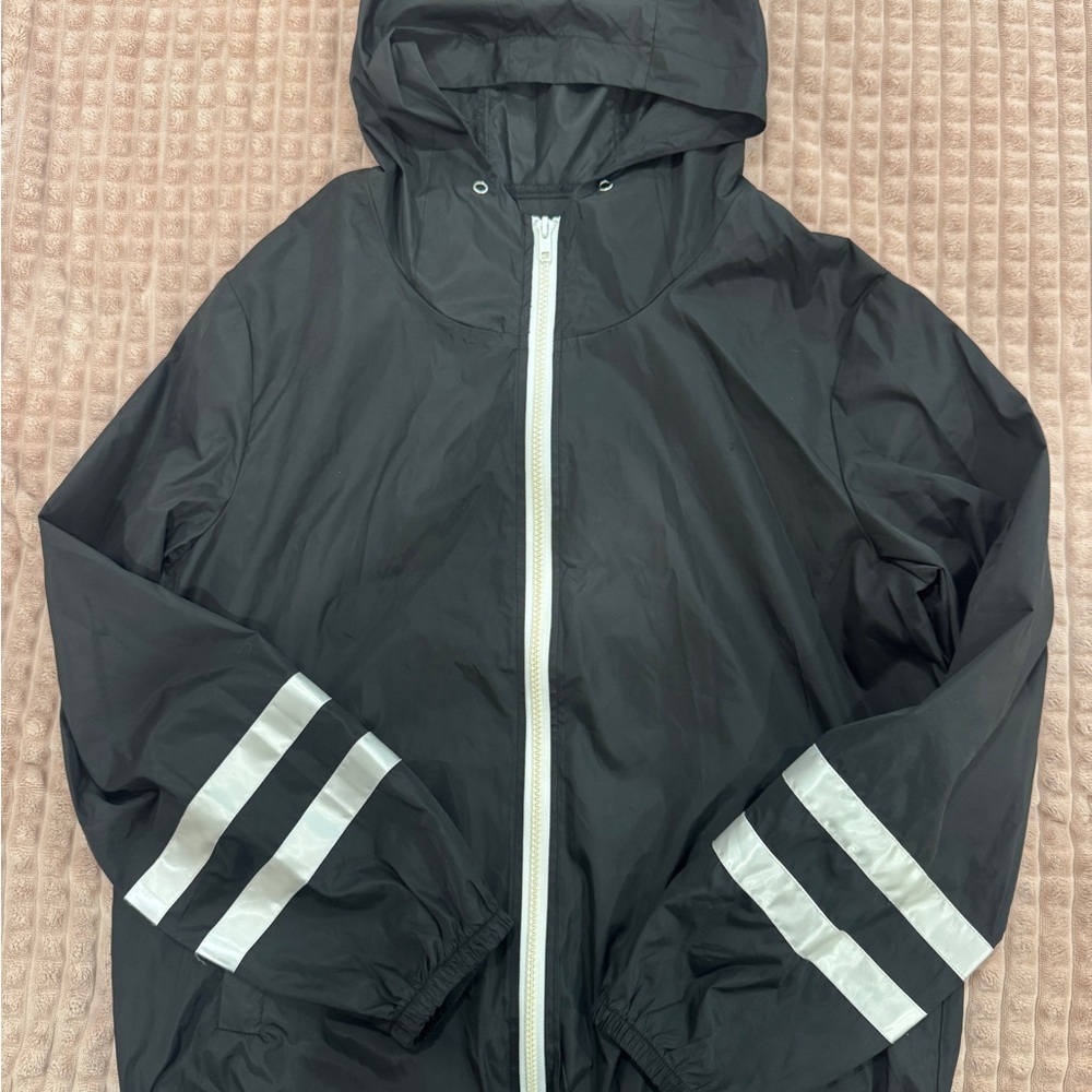 Black Hooded windbreaker with White Stripes